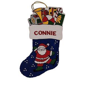 Vintage Wooden Christmas Stocking Ornament Santa Toys Custom Name Connie